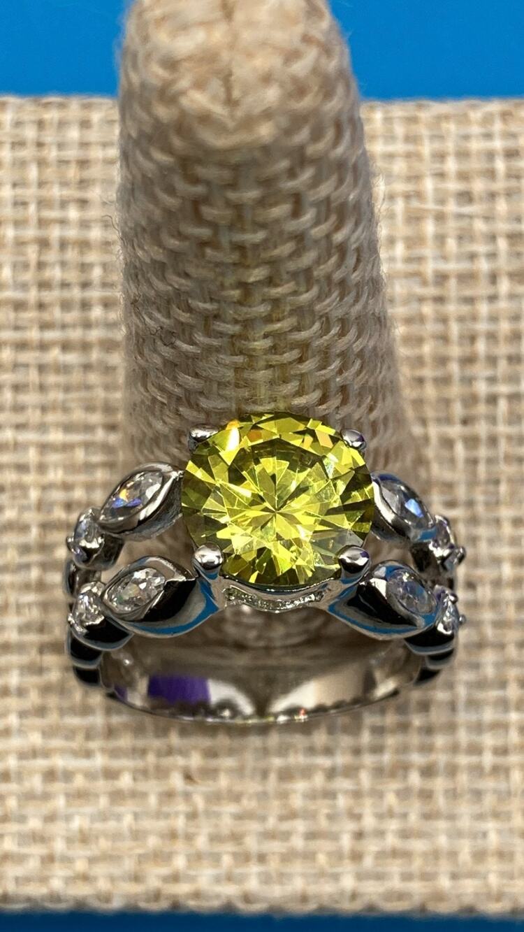 Neon Yellow Split Shank Silver Overlay Ring Made with SWAROVSKI Elements Sz 8